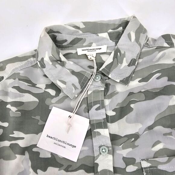 NWT Beachlunchlounge Button Down Sage Camo Shirt Size L - Picture 3 of 7